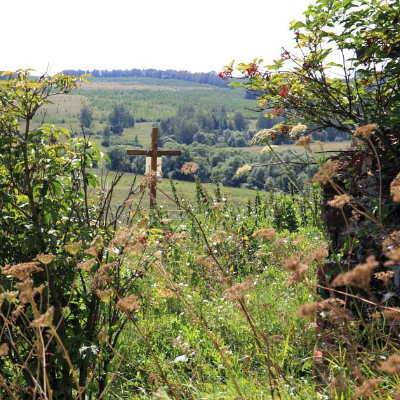 Вид на крест и зарастающие поля от разрушенного храма с. Красное -Воскресенское